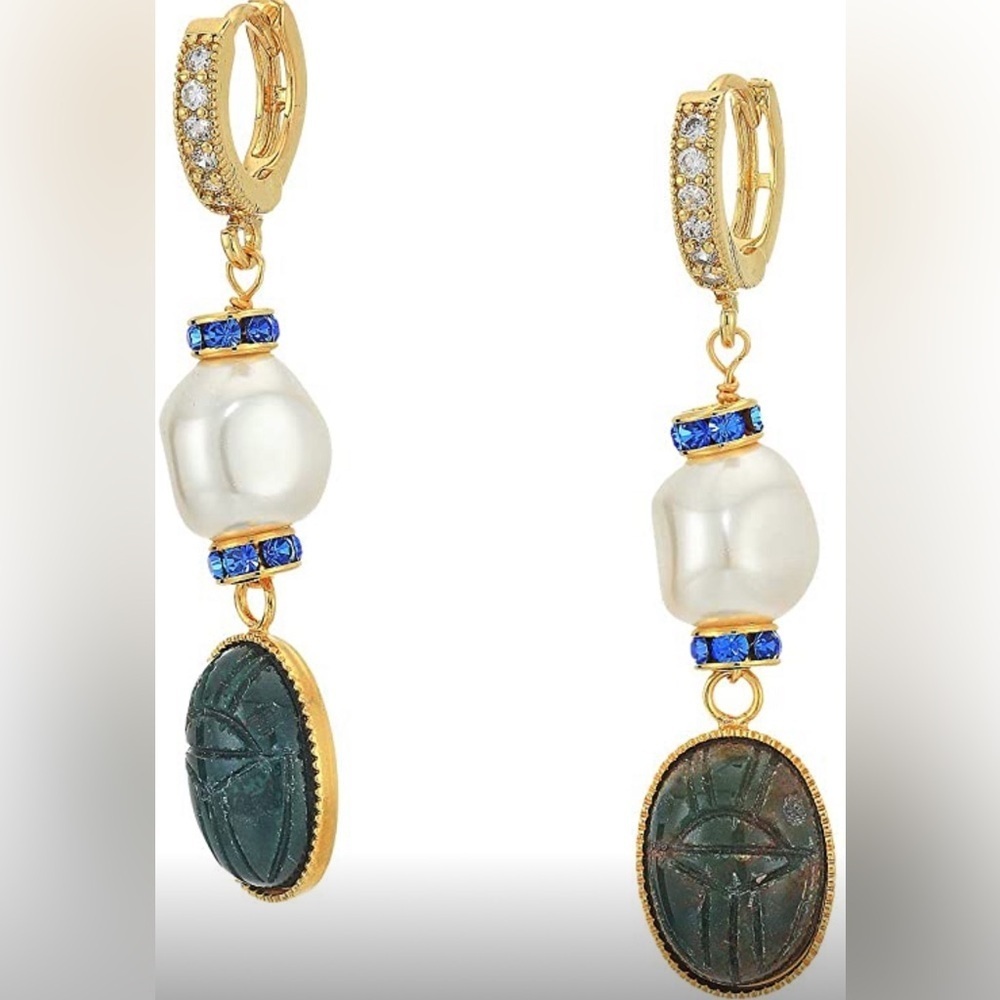 NWT Shashi Harlow Gold Pearl Green Stone Drop Earrings
